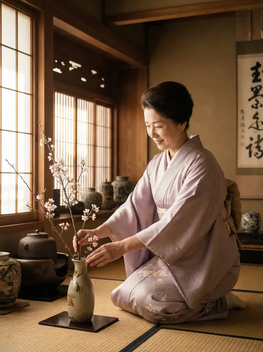 一位优雅的 桃花视频 在和室中插花