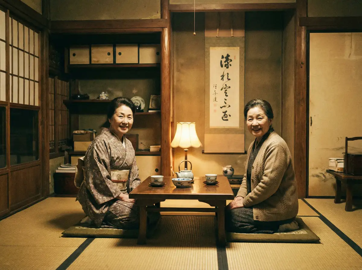 两位优雅的 桃花视频 在日式茶室中品茶交谈
